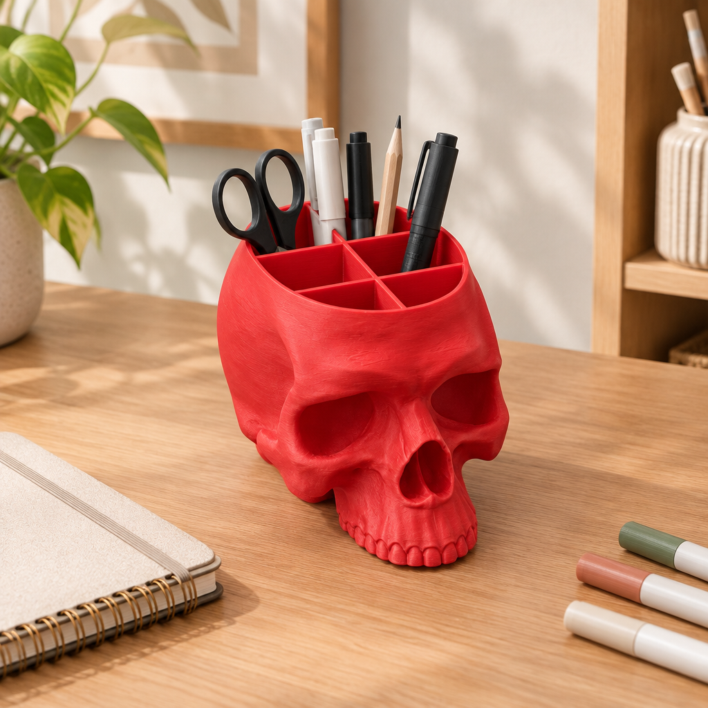 Red skull desk organiser holding markers on a craft desk