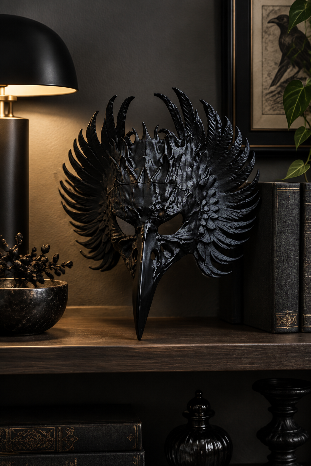 Black feathered Raven Mask on a modern home office shelf