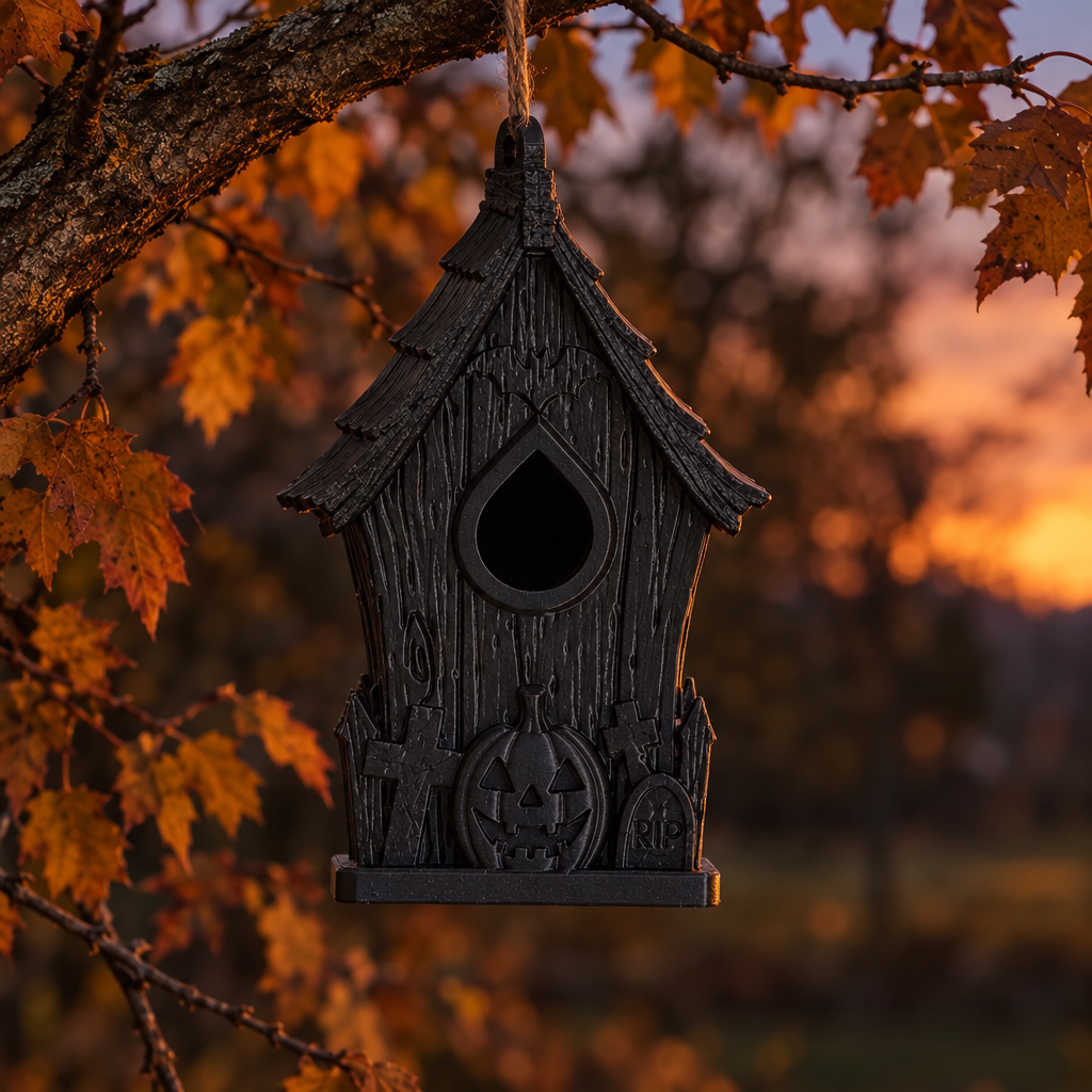 Haunted bird house among autumn branches at dusk