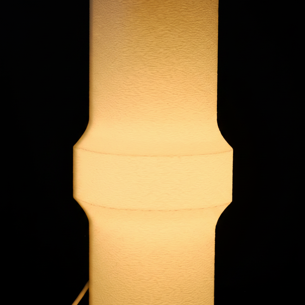 Minimalist Bulge LED Lamp glowing warm amber translucent white cylinder macro detail waist-pinch middle bulge profile smooth surface warm light diffusion through translucent wall pure black studio background square editorial