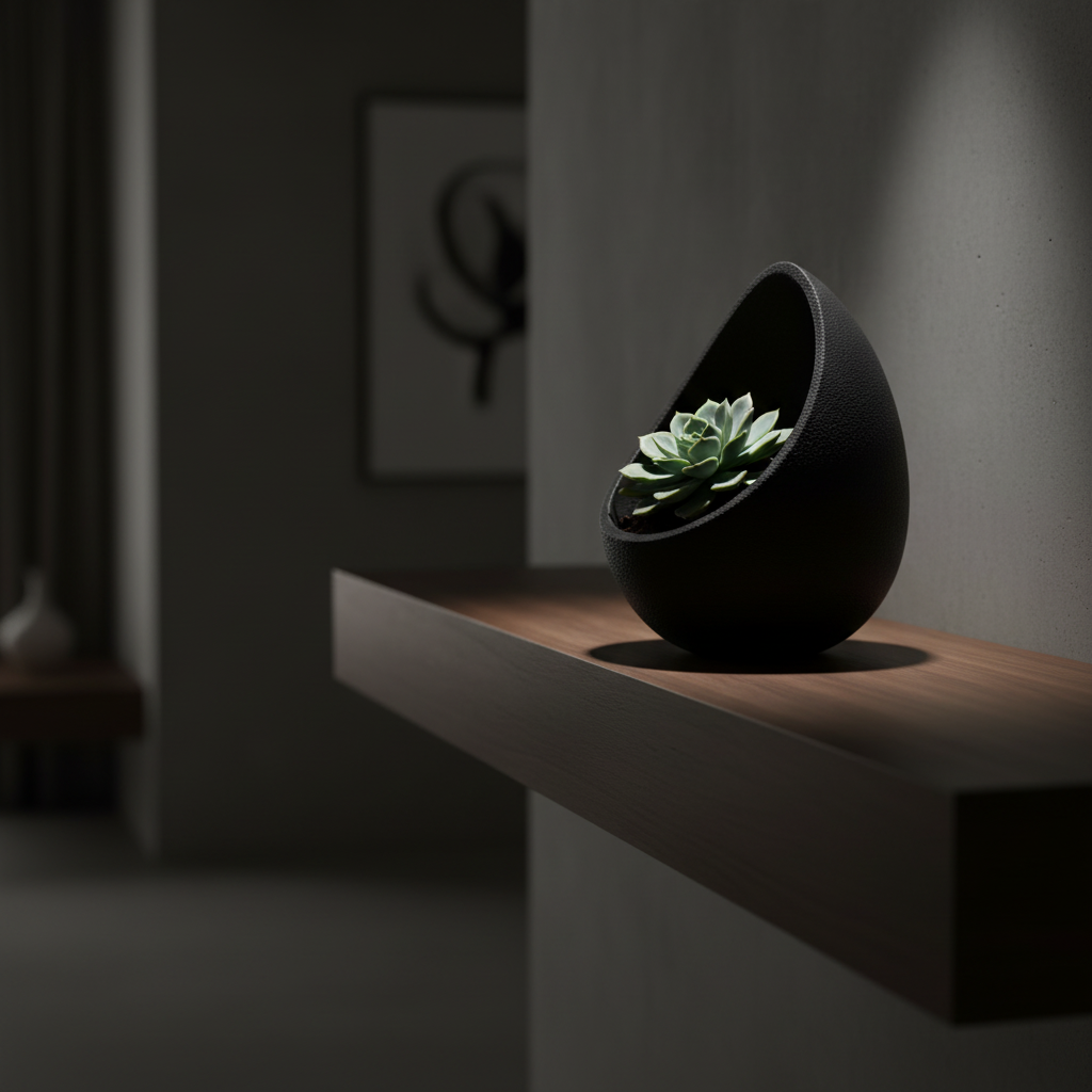 Nest Succulent Planter in matte black — floating shelf with echeveria lifestyle