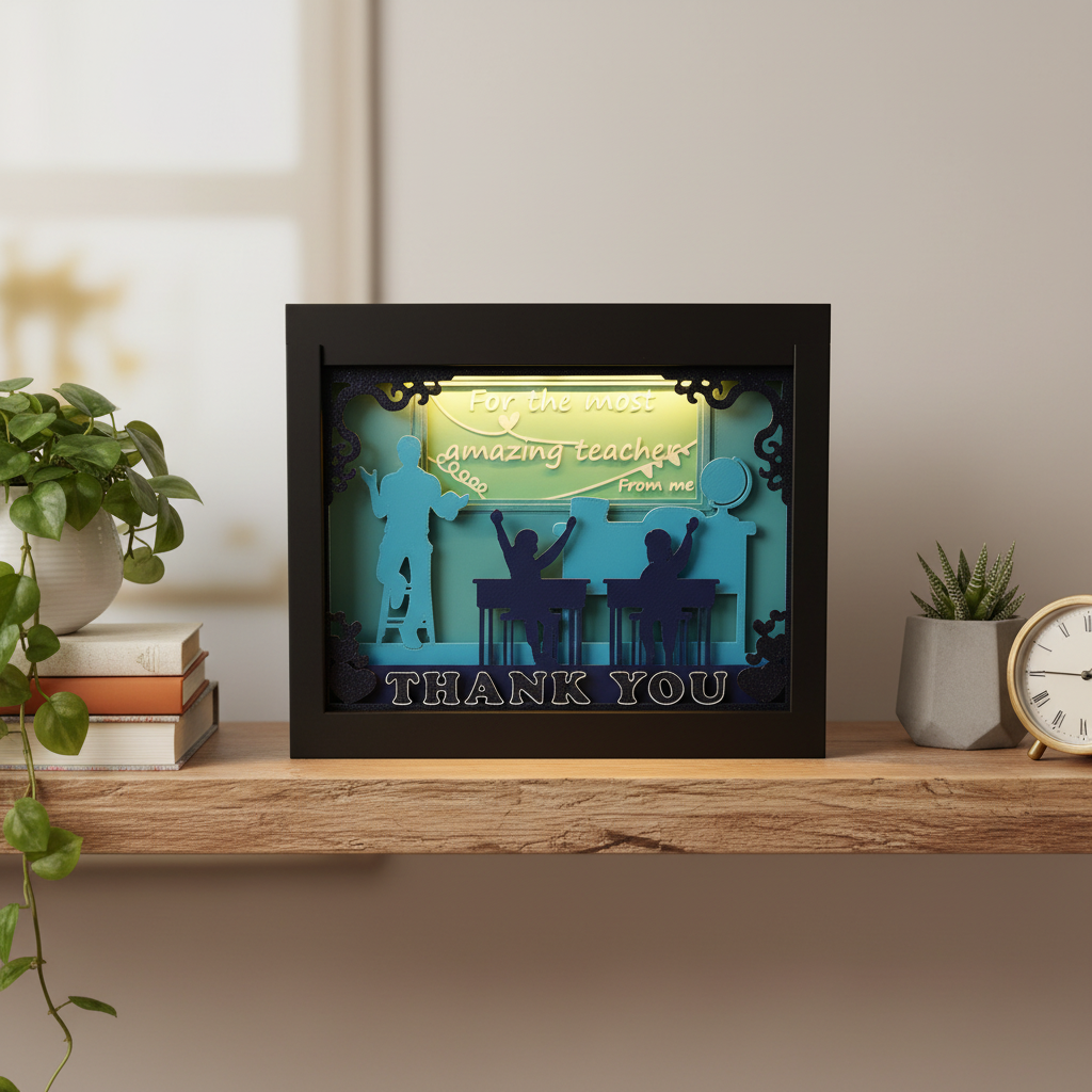 Teacher Thank You Shadow Box displayed on a home office shelf with books and plants