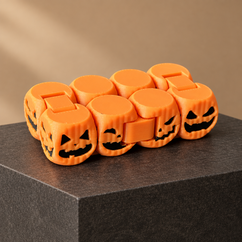 Orange articulated pumpkin fidget on a charcoal display plinth