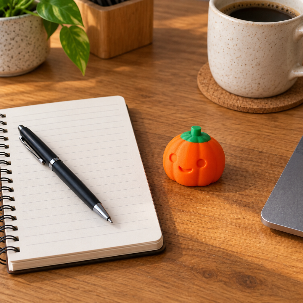 Pumpkin clicker beside a notebook.