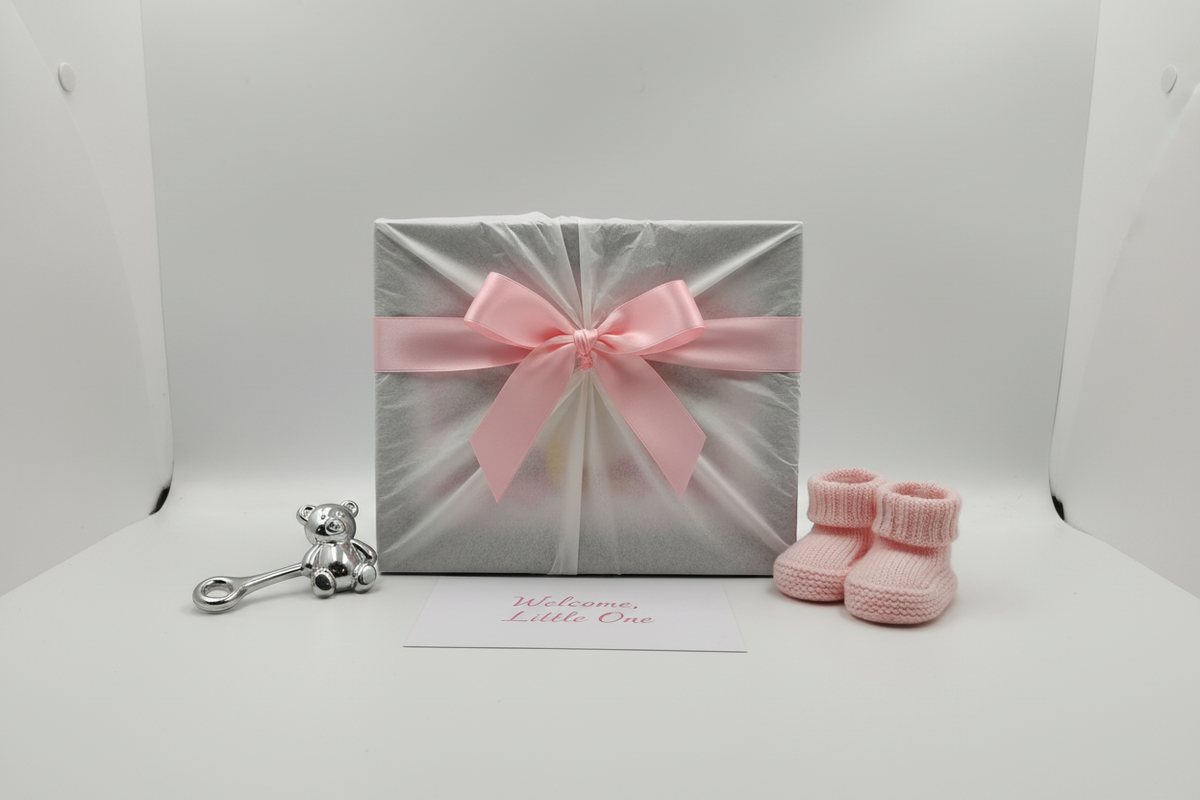 Baby Photo Frame Shadow Box presented as a new baby gift with white tissue, pink ribbon, rattle and booties