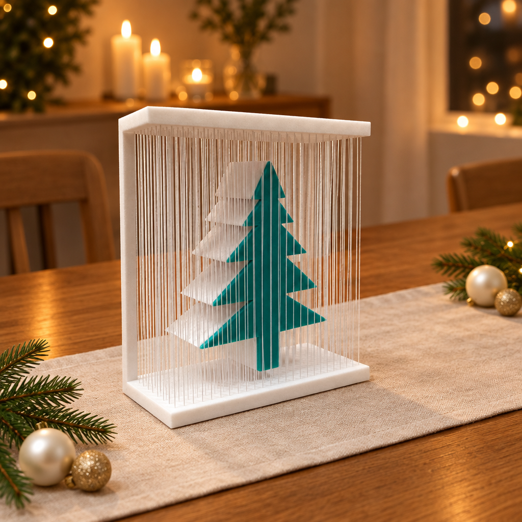 White string-frame Christmas tree display with teal-green tree styled on a festive dining table.