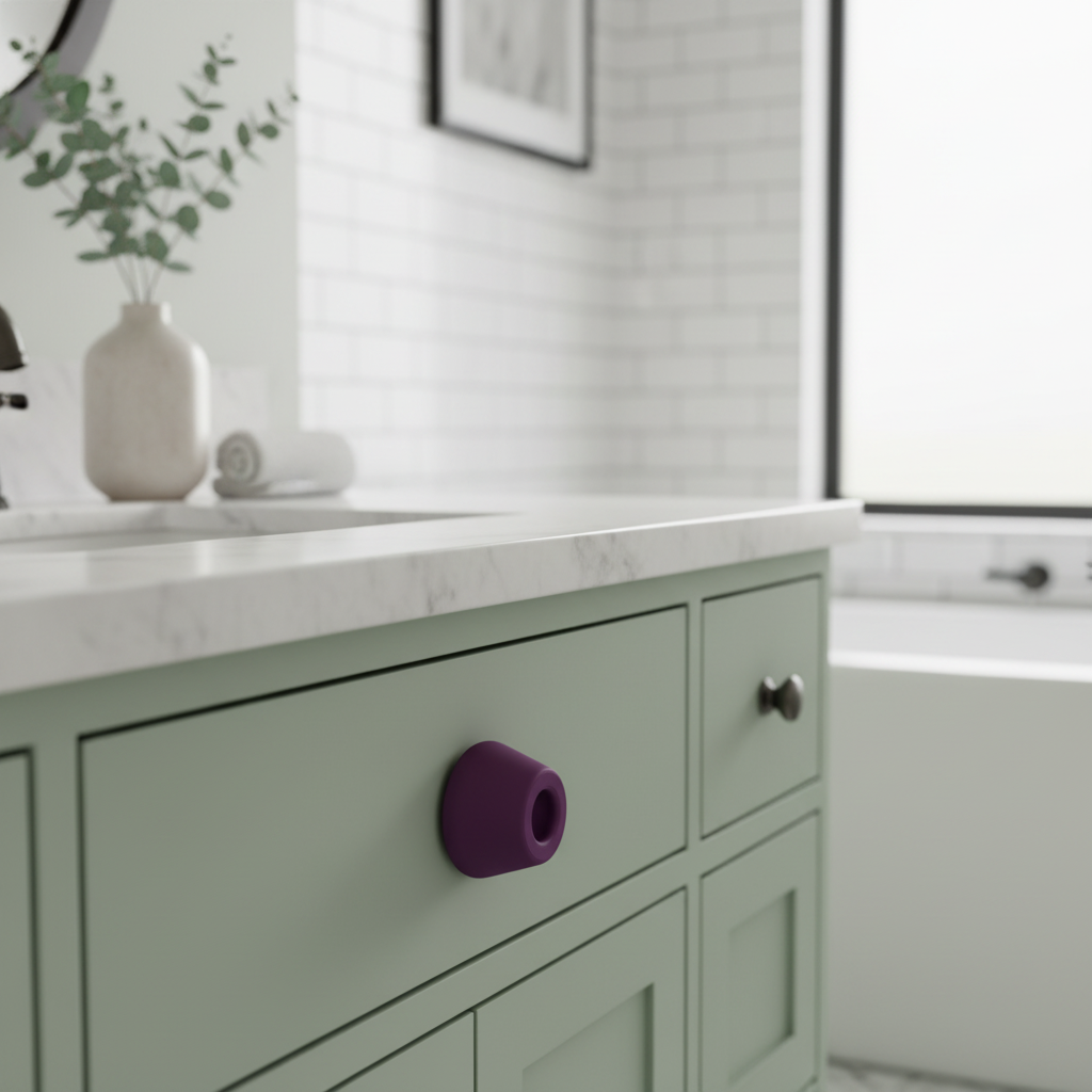 Taper handle in purple on sage bathroom vanity