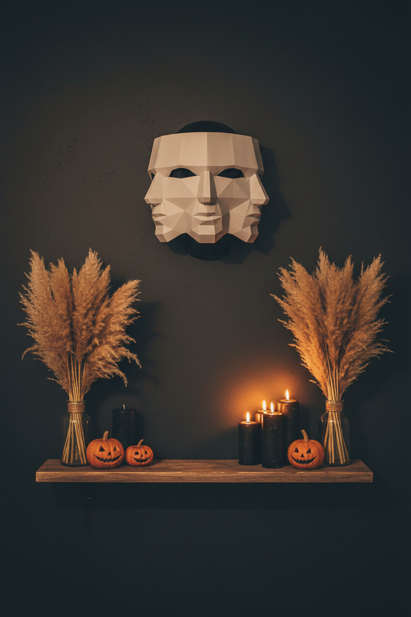 Three Faces of Fear Mask displayed as wall art with pumpkins and candles