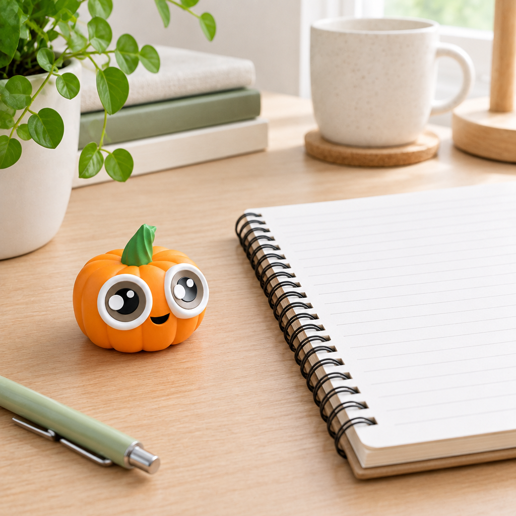 Small orange pumpkin figurine beside a full-size notebook on a desk
