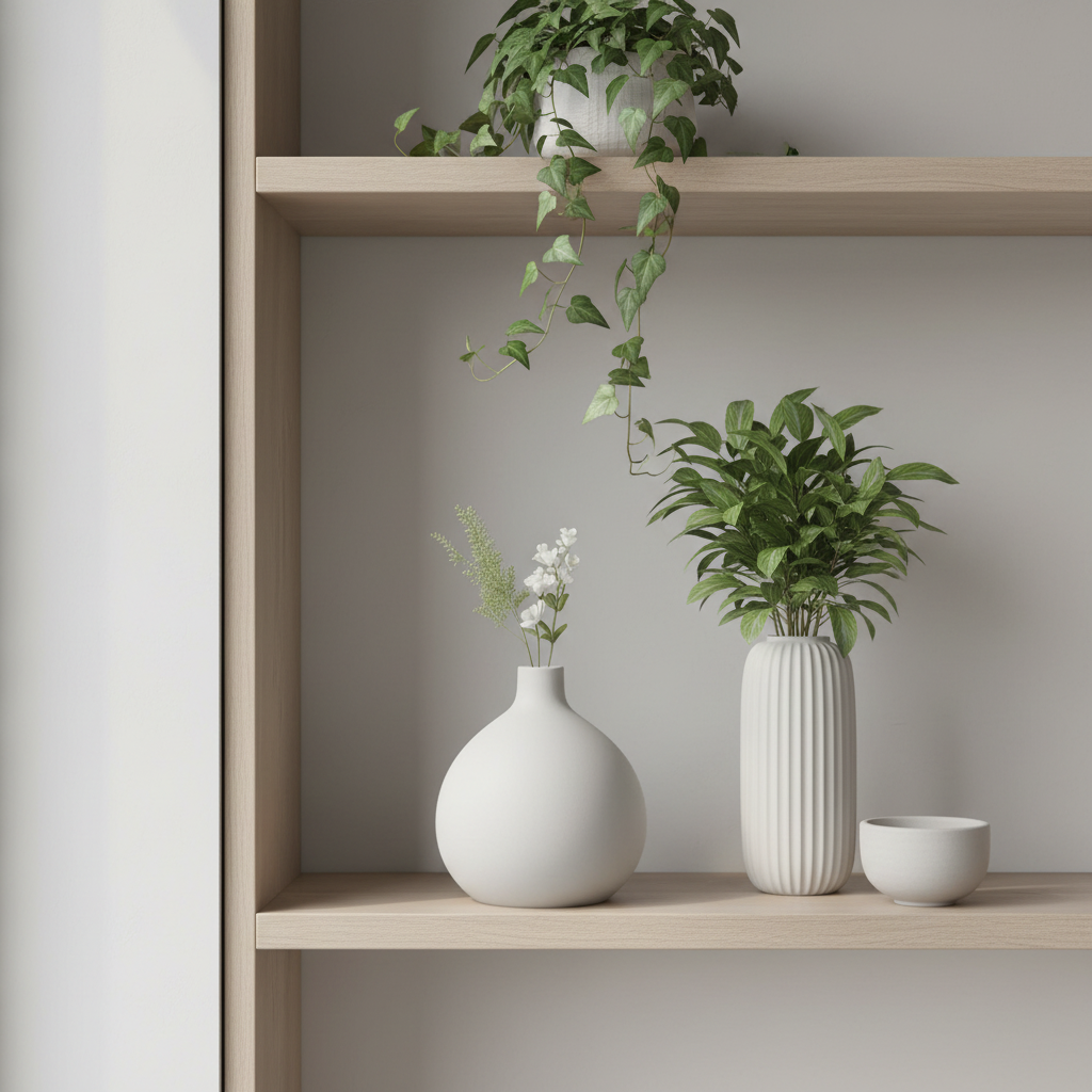 Minimalist geometric vase arranged on a styled open shelf with ceramics and a plant