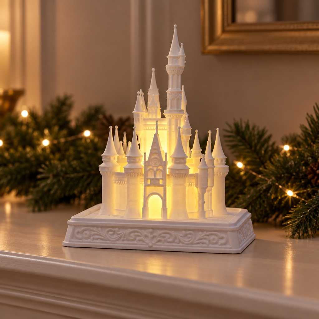 White castle tealight holder on a mantel with soft evergreen and warm ambient lights