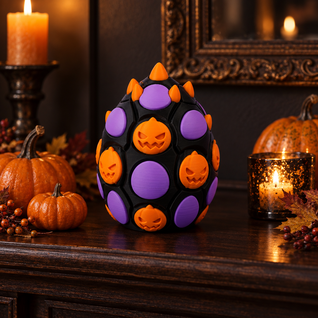 Halloween Dragon Egg on dark wood mantel