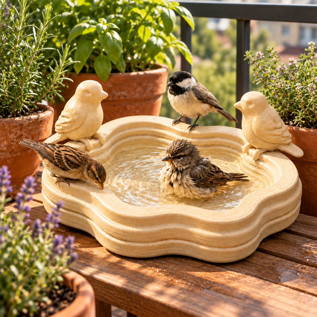Little Lake bird bath on a balcony with herbs
