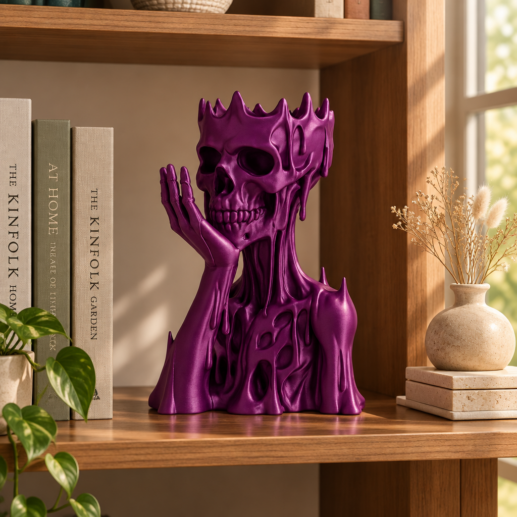 Purple skull and upper torso ornament on a home library shelf with books and neutral decor.
