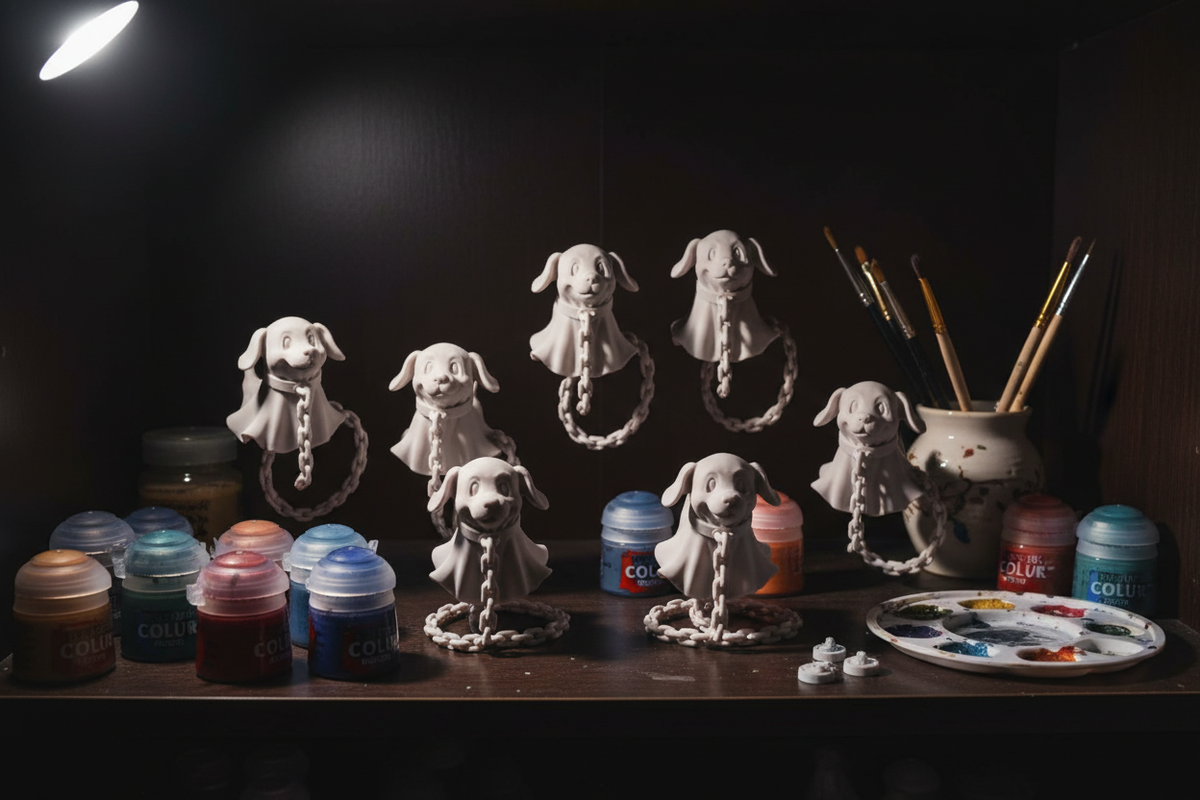 Multiple ghost dog miniature figurines unpainted resin sad puppy faces dark wooden shelf miniature painting supplies paint pots brushes hobbyist collection landscape editorial
