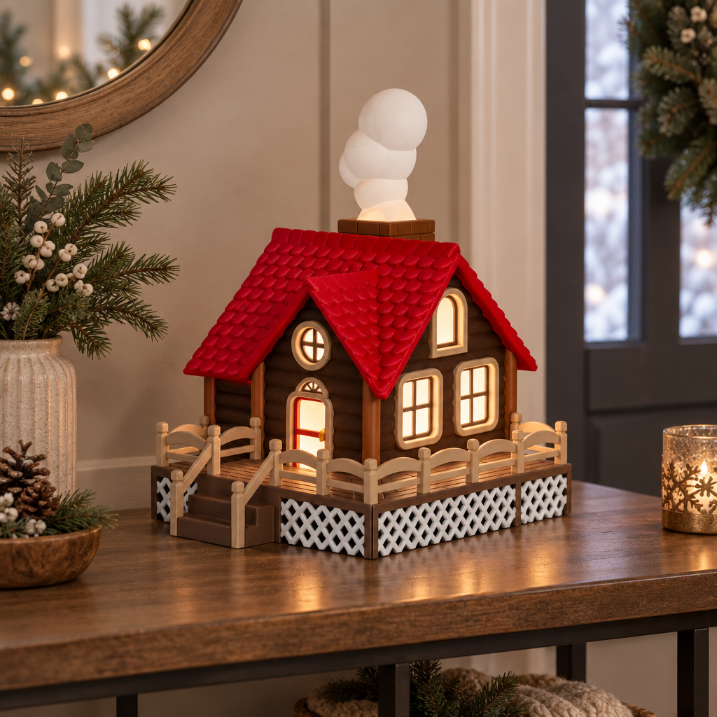 Cabin tealight holder displayed on a winter entryway console