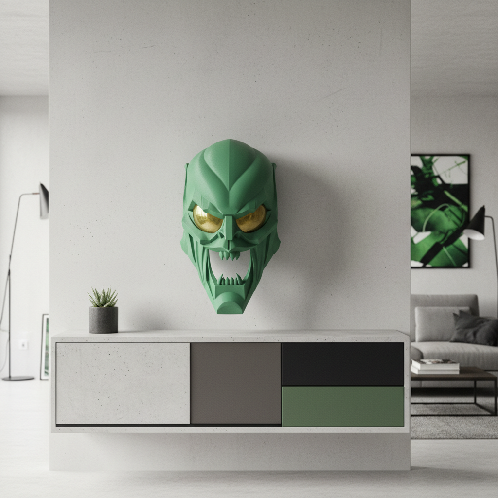 Clean green geometric villain mask sculpture displayed on a minimalist concrete shelf