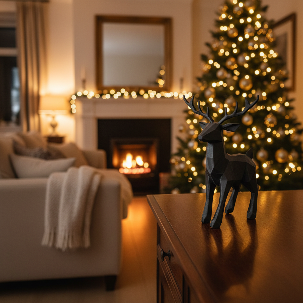 Low poly reindeer on wooden sideboard beside Christmas tree lifestyle
