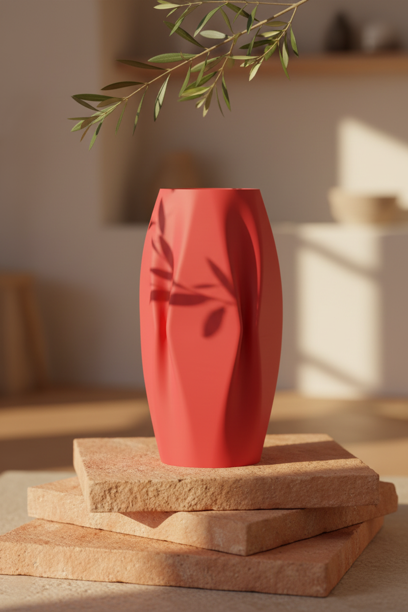 Terracotta red quad ripple vase on terracotta tiles with olive branch golden Mediterranean sunlight lifestyle