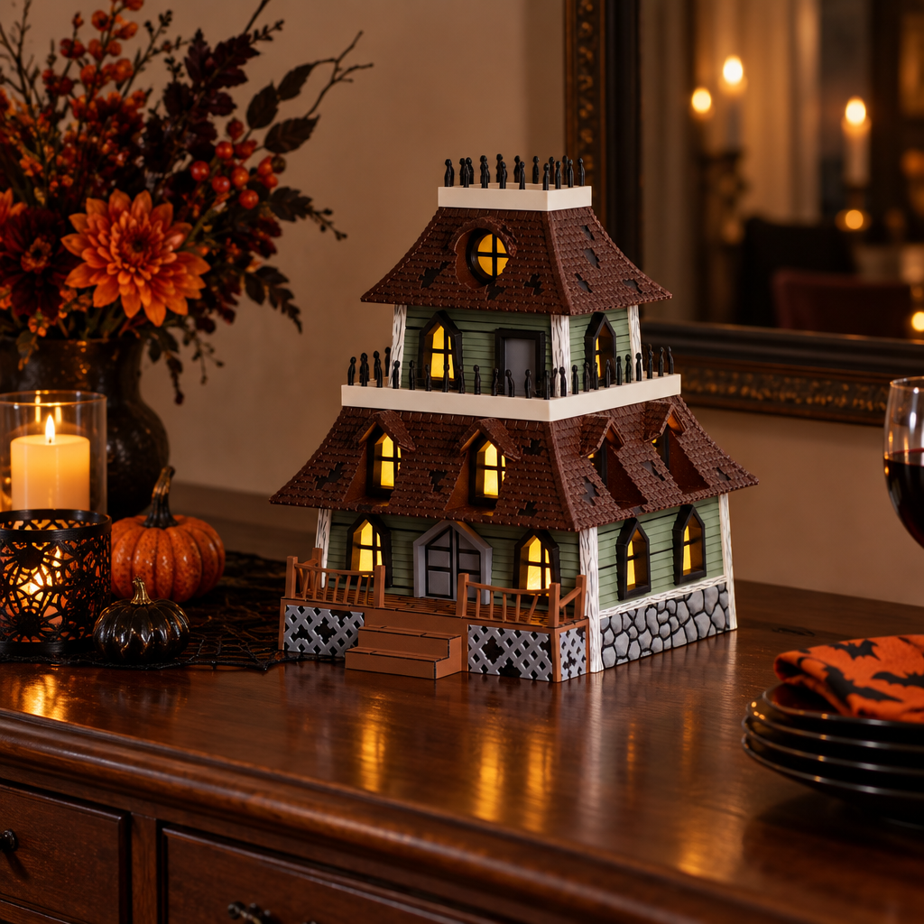 Haunted house on Halloween sideboard