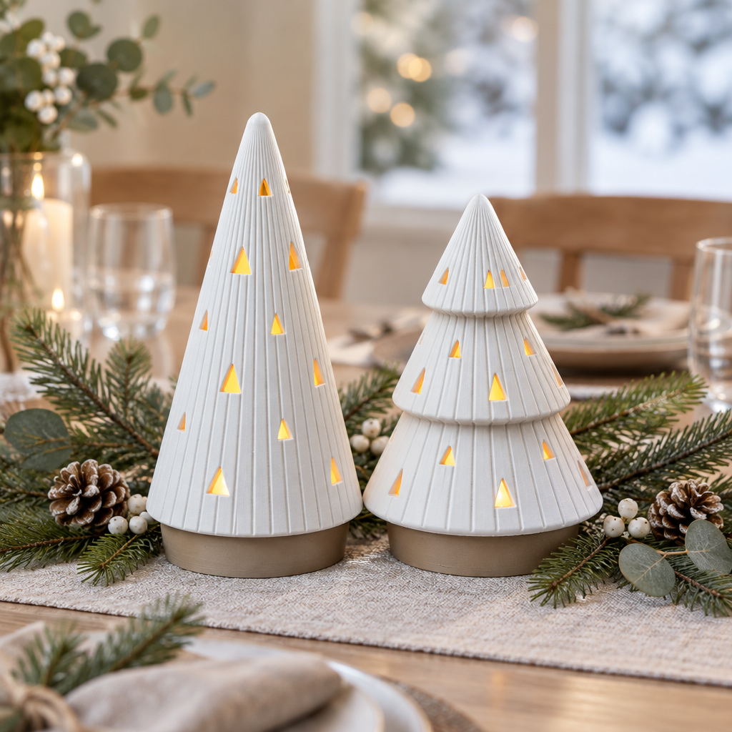 White ribbed tall and tiered Christmas tree tealight holders styled on a festive table