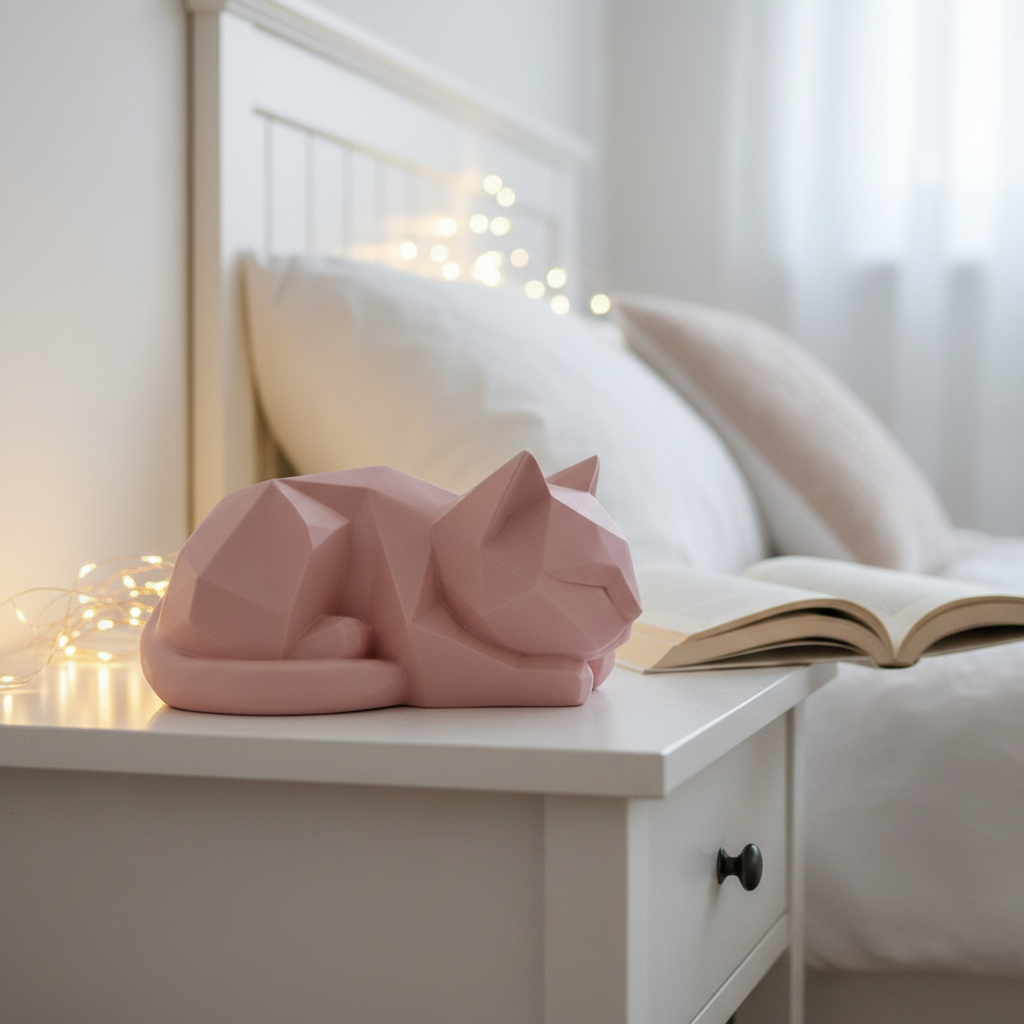Dusty pink Low-Poly Kitten Sculpture on a bedroom nightstand with fairy lights and a book