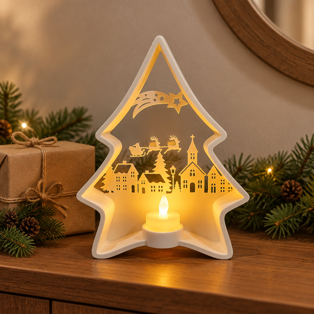 Tree-shaped village tealight holder beside a wrapped Christmas gift