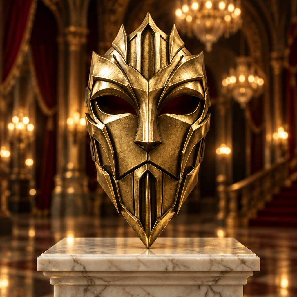 Antique gold Cathedral Knight mask in a theatre lobby, no strap included