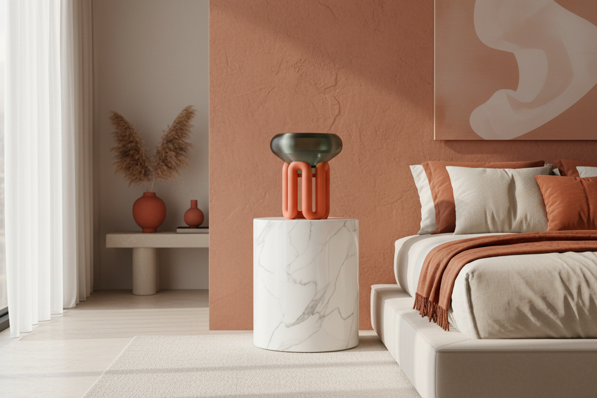 Coral Wibble Base Lamp with translucent green shade in a contemporary bedroom