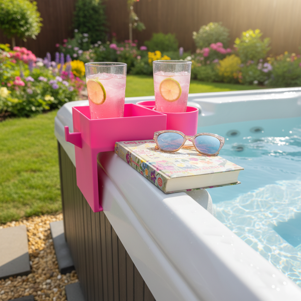 Pink Hot Spot Rhythm Hot Tub Caddy on hot tub edge in bright cheerful garden with flowers