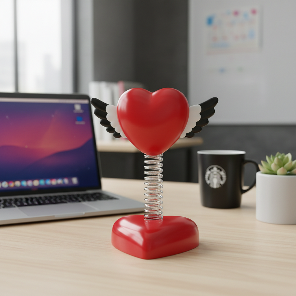 Valentine's Day Springie winged heart on spring — displayed on wooden office desk beside laptop and coffee mug