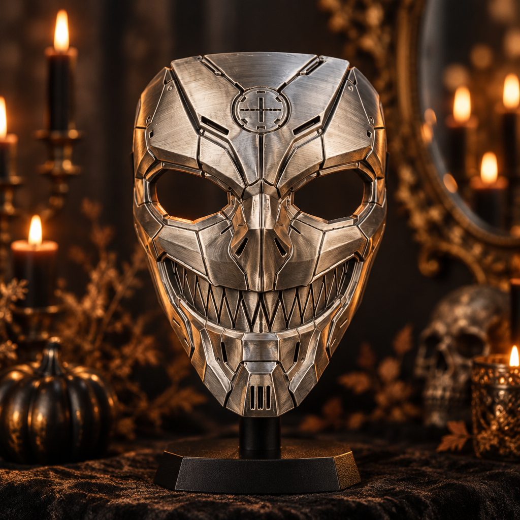 Silver Tech Devil mechanical skull mask on display in an atmospheric masquerade setting, without a strap