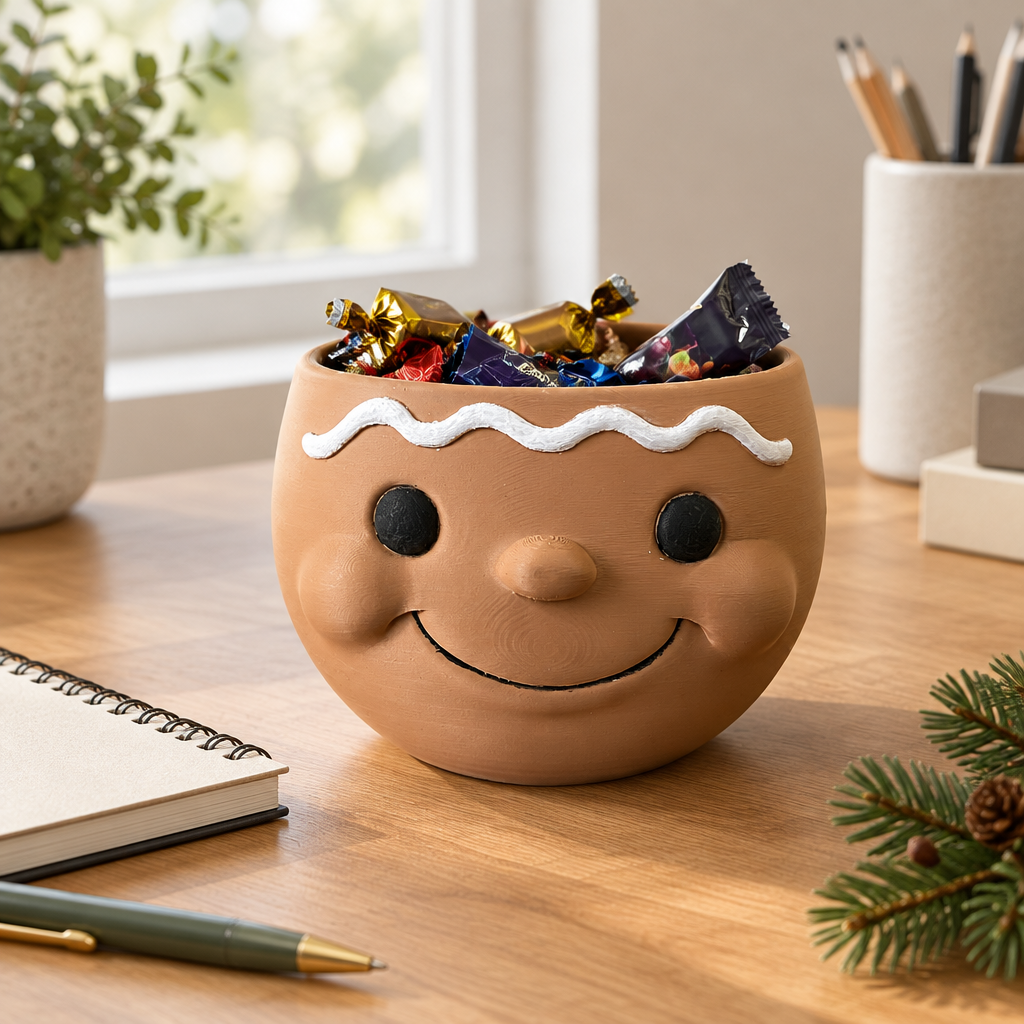 Brown snowman-head snack bowl with wrapped chocolates on a home-office desk