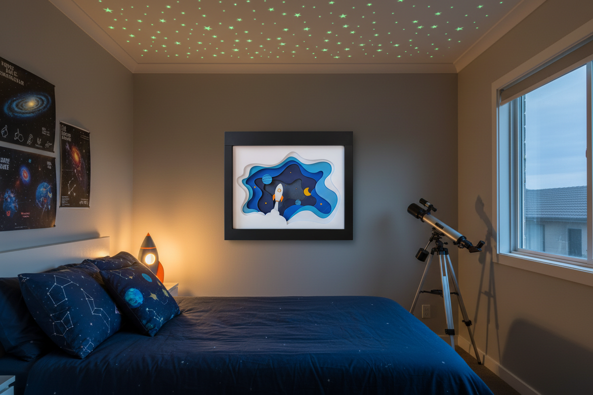 Space shadow box on a wall in a boy's space-themed bedroom with glow stars, telescope and space posters