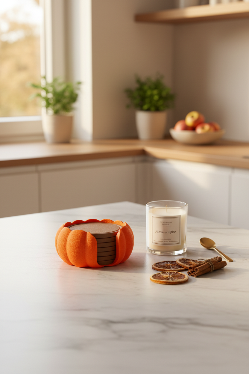 Pumpkin coaster holder on marble kitchen island with autumn spice candle