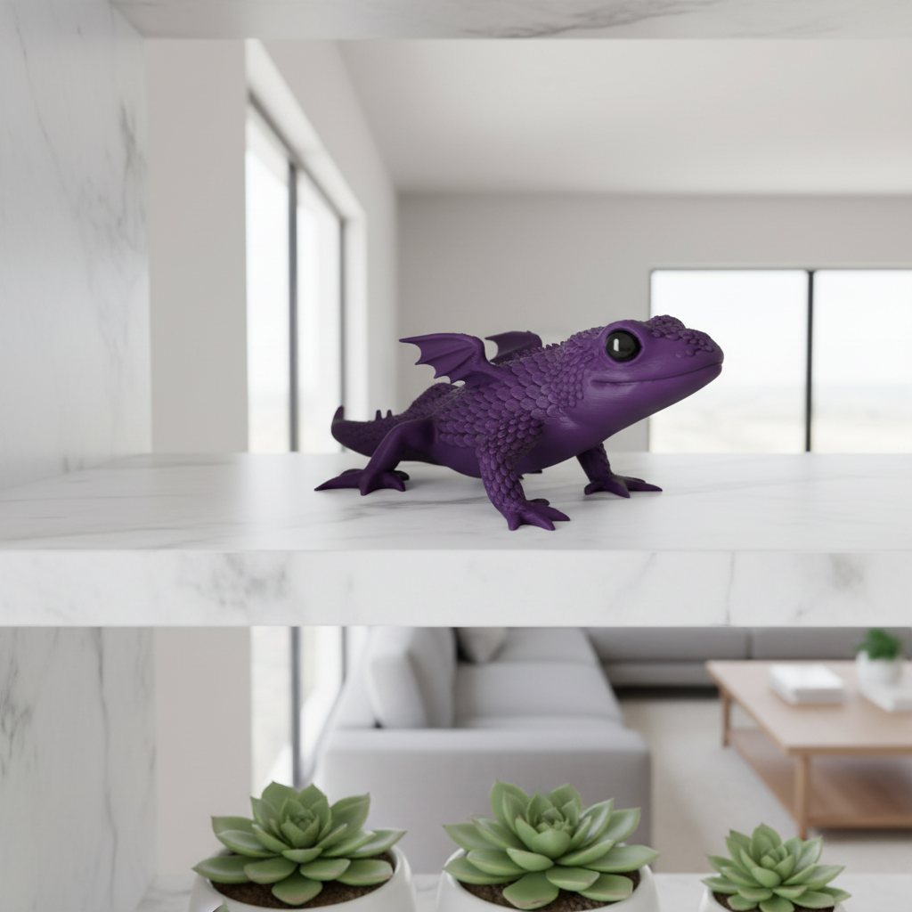 Tiny Legend Gecko-Dragon Figurine - purple colourway on marble shelf