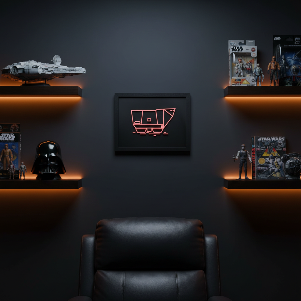 Sandcrawler neon line art shadow box on a dark home cinema wall with sci-fi collectibles and amber LED lighting