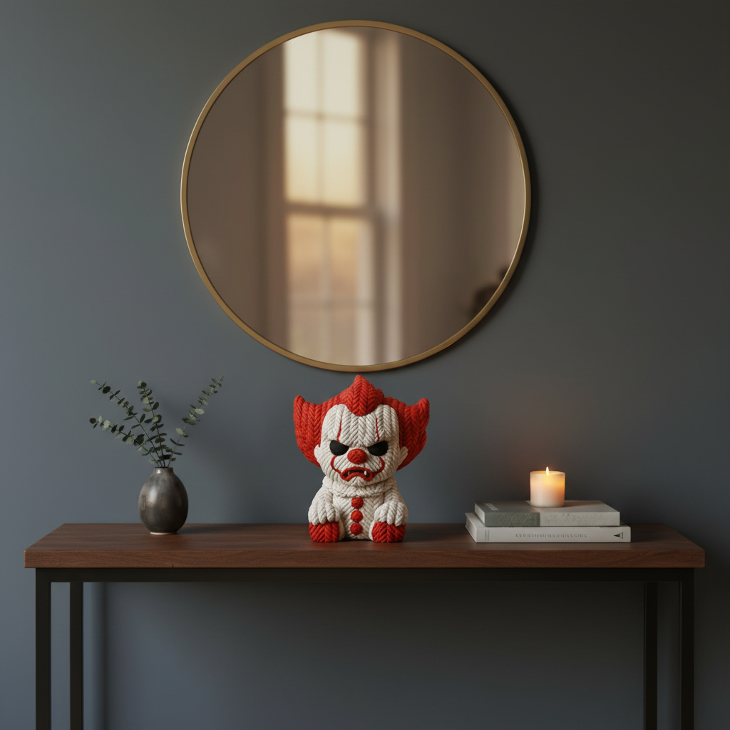 Red and white knitted-texture clown sculpture on a hallway console