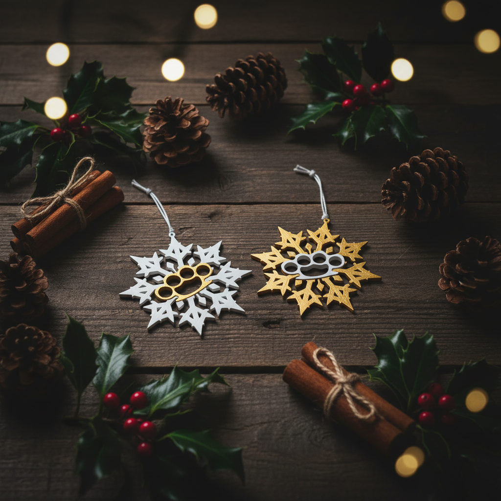 Bad Snowflake ornaments on dark wood with Christmas styling