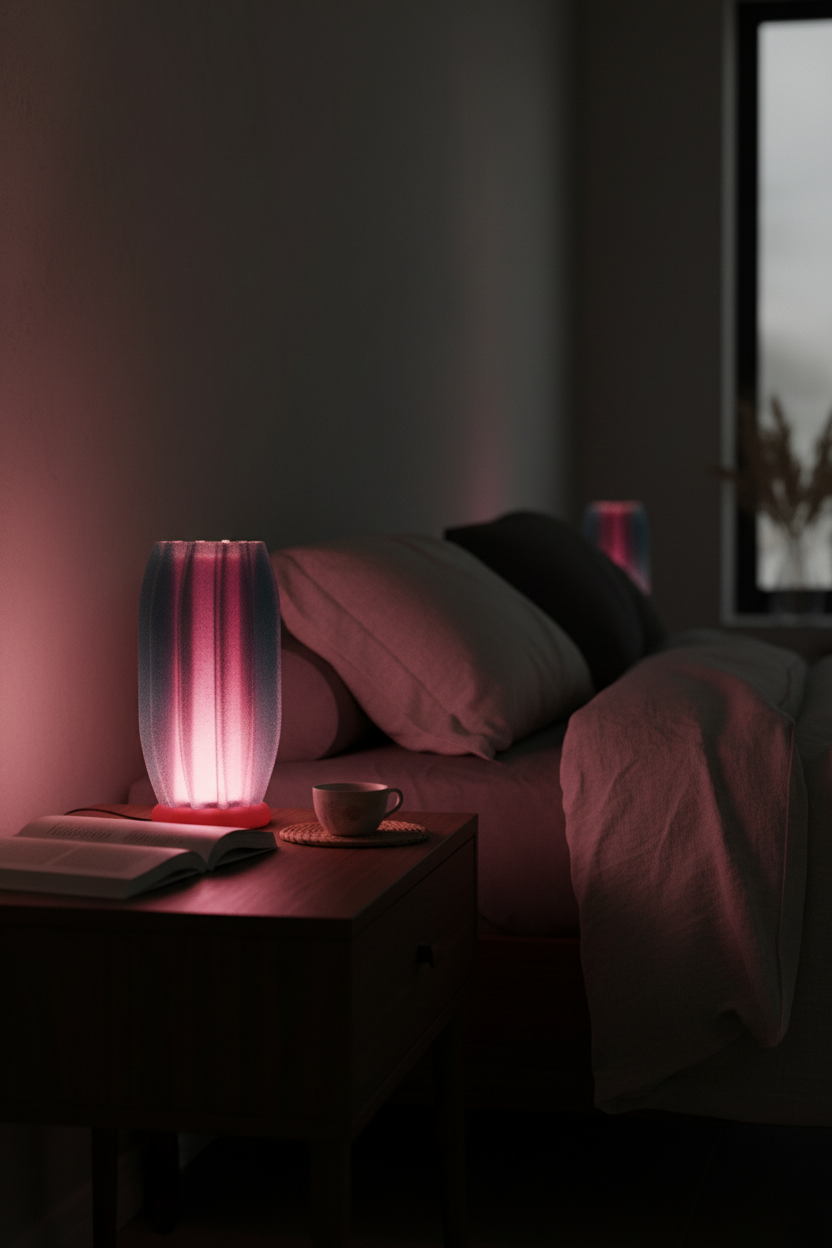 Elegant Finned Desktop Lamp glowing on a bedside table in a cosy moody bedroom