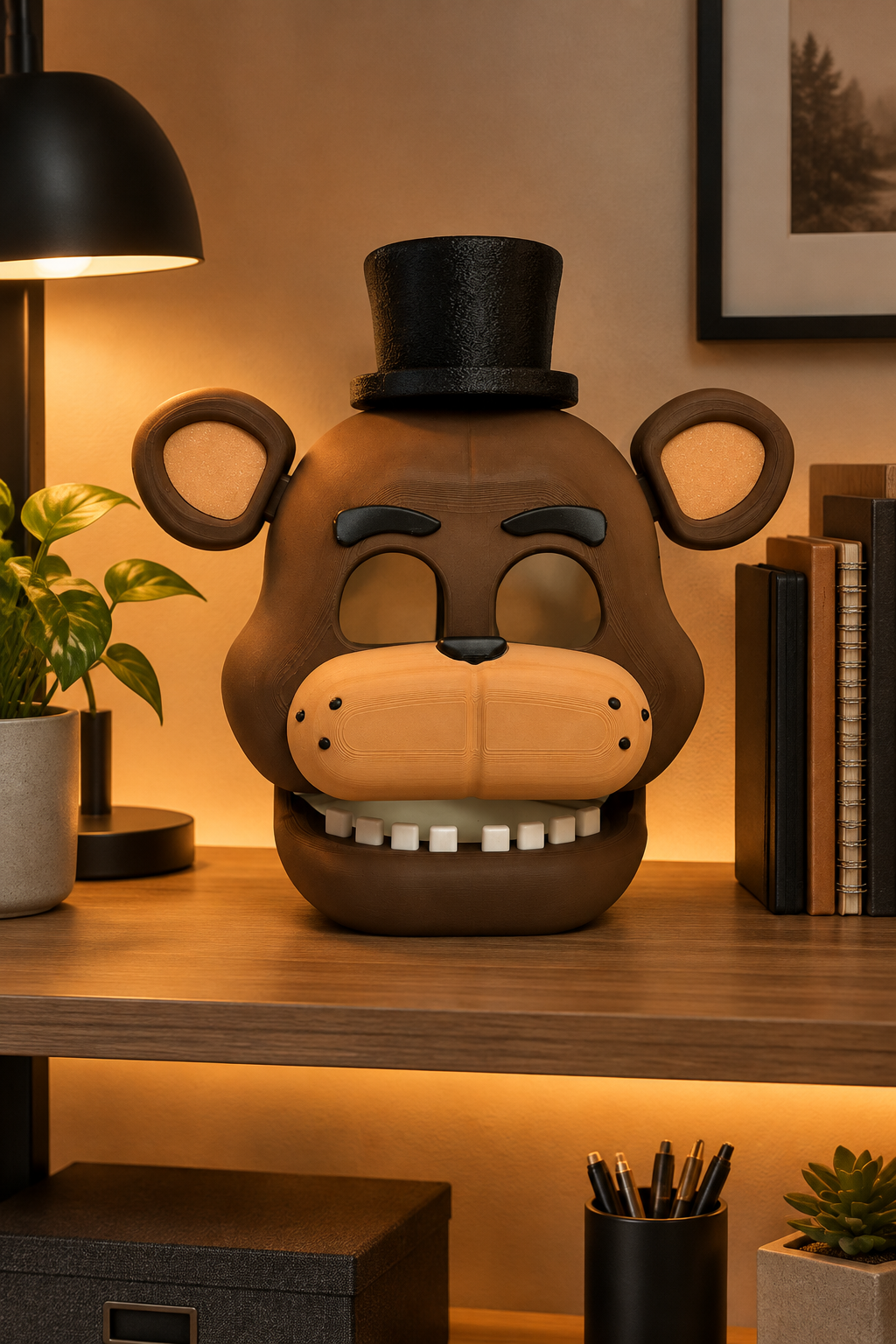 Brown bear Five Nights at Freddy's mask with black top hat on a home office shelf