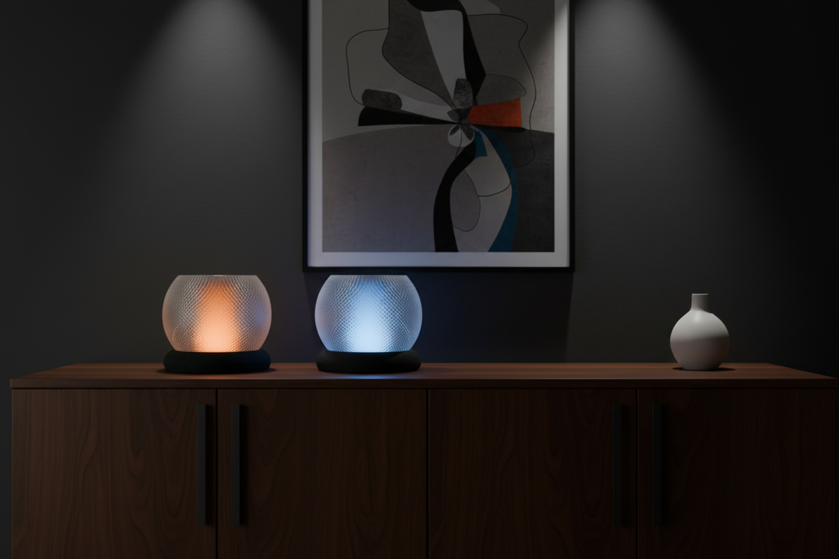 Textured Glow Orb Table Lamp two lamps warm amber and blue glow dark walnut sideboard
