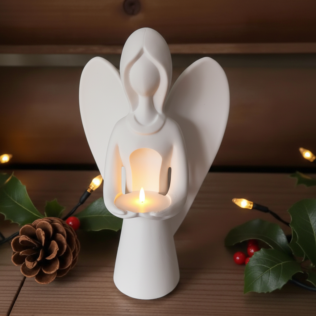 White angel holding tealight on mantelpiece with pine branches and fairy lights lifestyle
