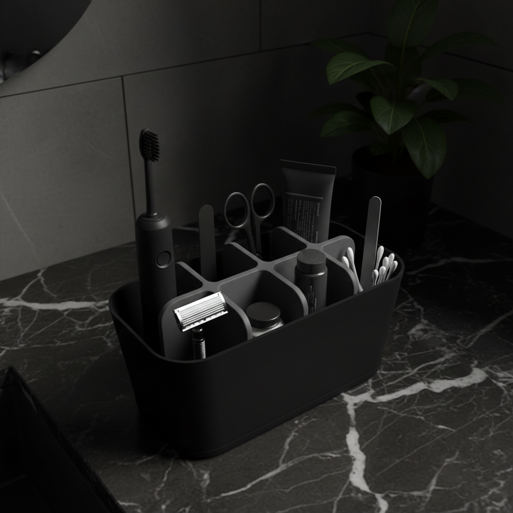 Matte black two-tone bathroom organizer on dark marble counter with grooming tools