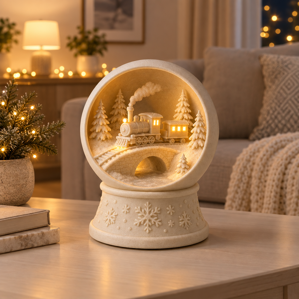 Snow globe tealight holder on a coffee table with electric lights