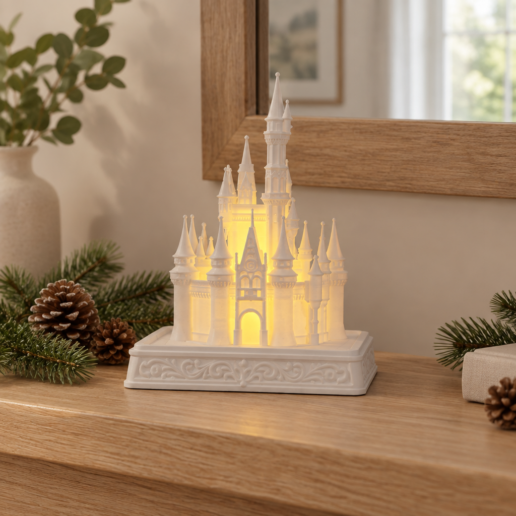 White castle tealight holder on a pale oak mantel with restrained evergreen accents