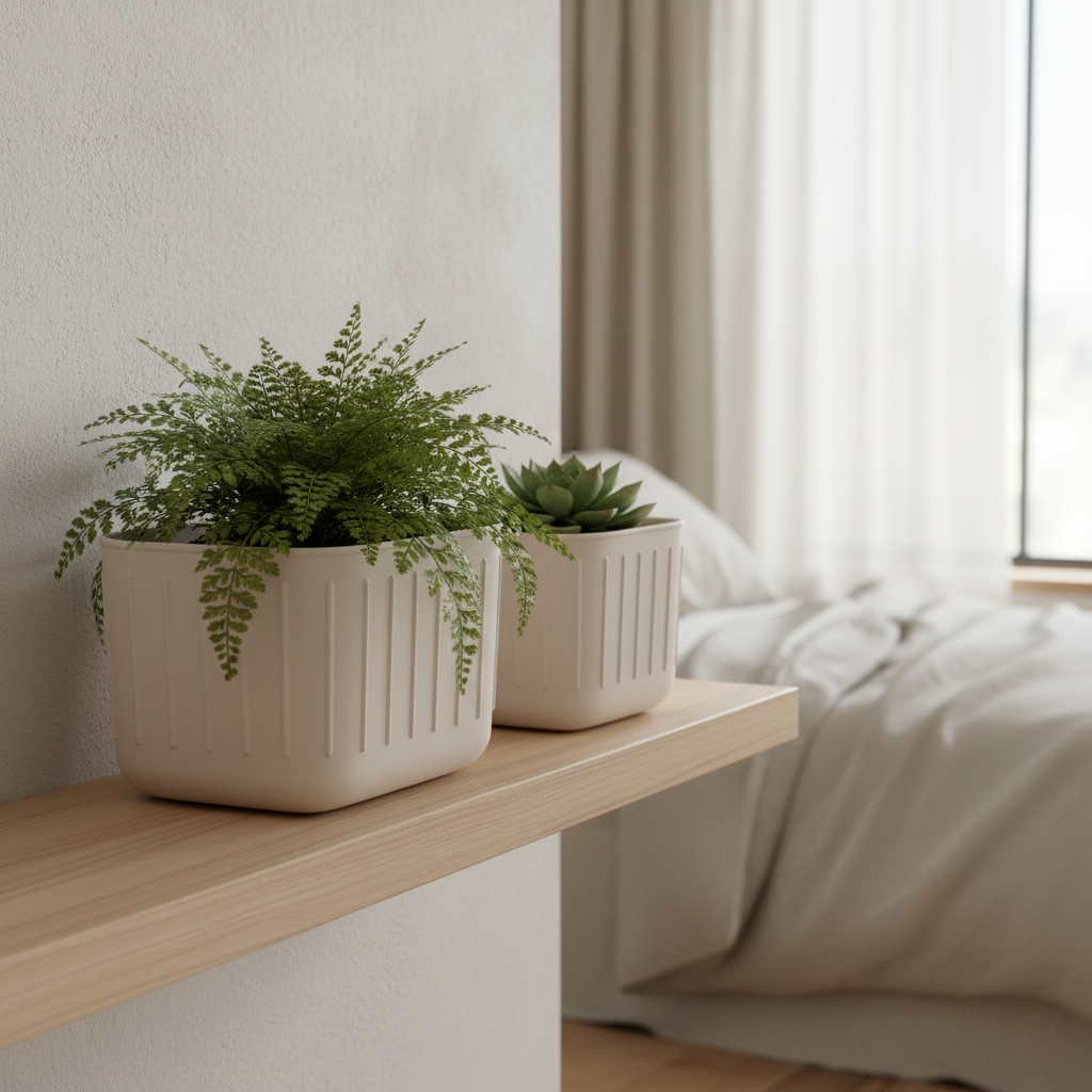 Scandinavian Plant Pot Pair in beige — Japandi bedroom shelf lifestyle
