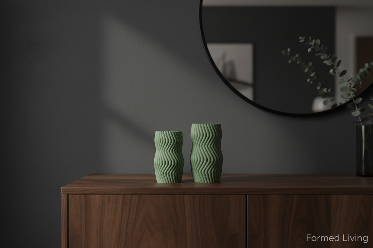 Wavy Twist Vase Set in sage green, dark console, charcoal wall