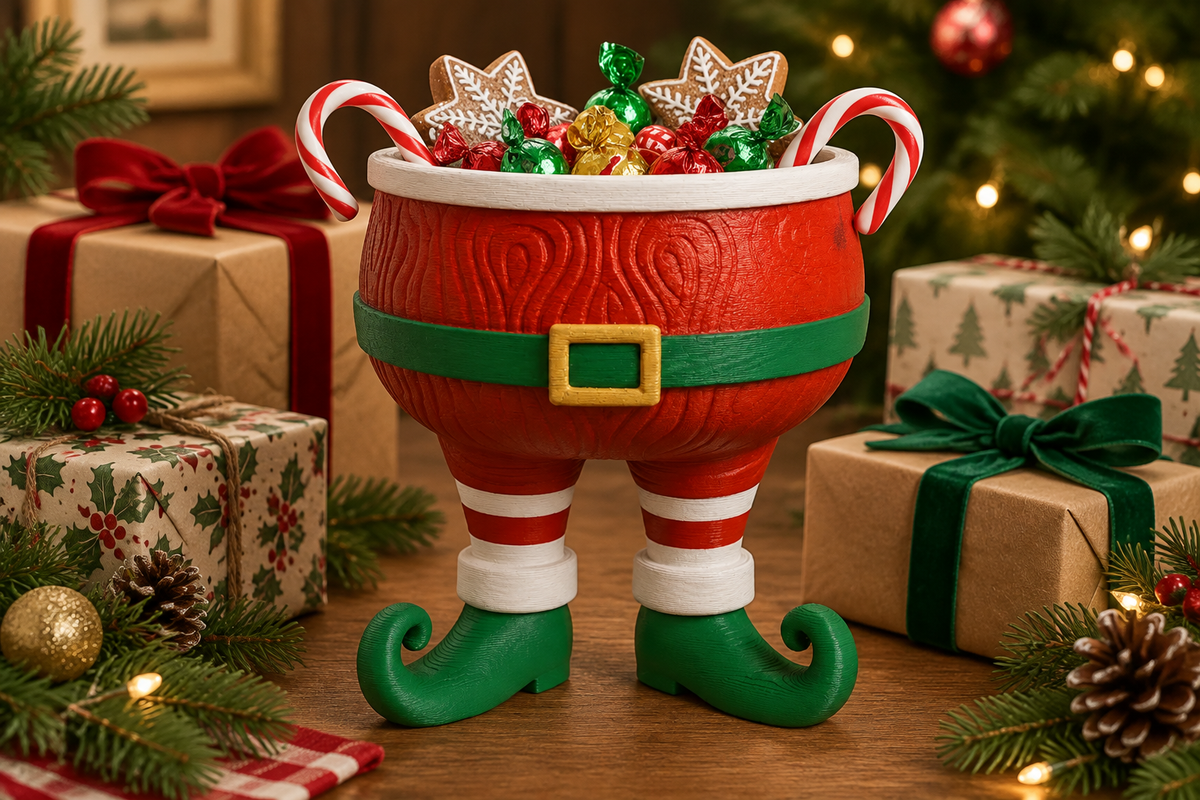 Santa legs treat bowl styled among wrapped Christmas presents and evergreen sprigs