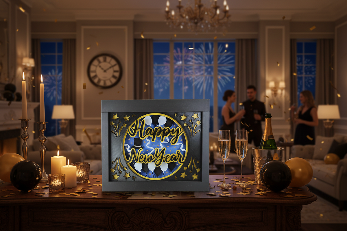 Happy New Year shadow box on a mantelpiece with champagne glasses, gold confetti and candles